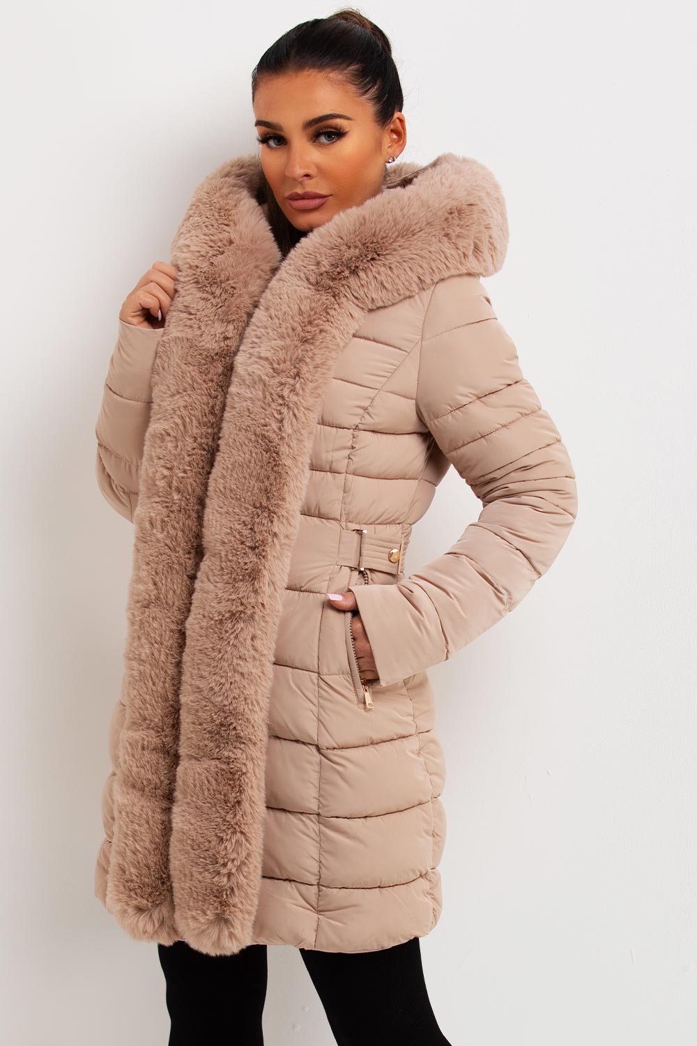 womens puffer padded coat with faux fur hood and trim