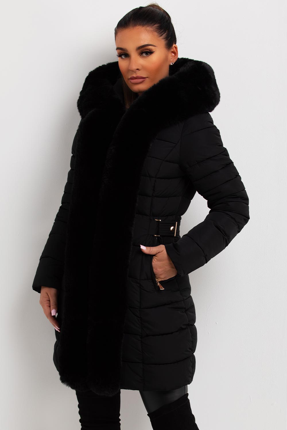 womens longline padded puffer coat with faux fur hood and trim detachable
