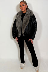Black Bomber Jacket With Faux Fur Collar And Trim
