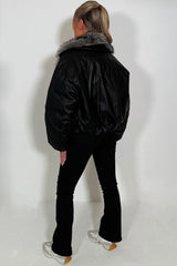Black Bomber Jacket With Faux Fur Collar And Trim