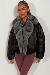 womens brown bomber jacket with faux fur collar and trim styledup