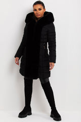 black long puffer coat with faux fur hood and trim sale womens uk