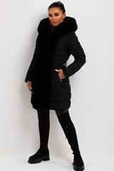 womens long puffer coat with faux fur hood