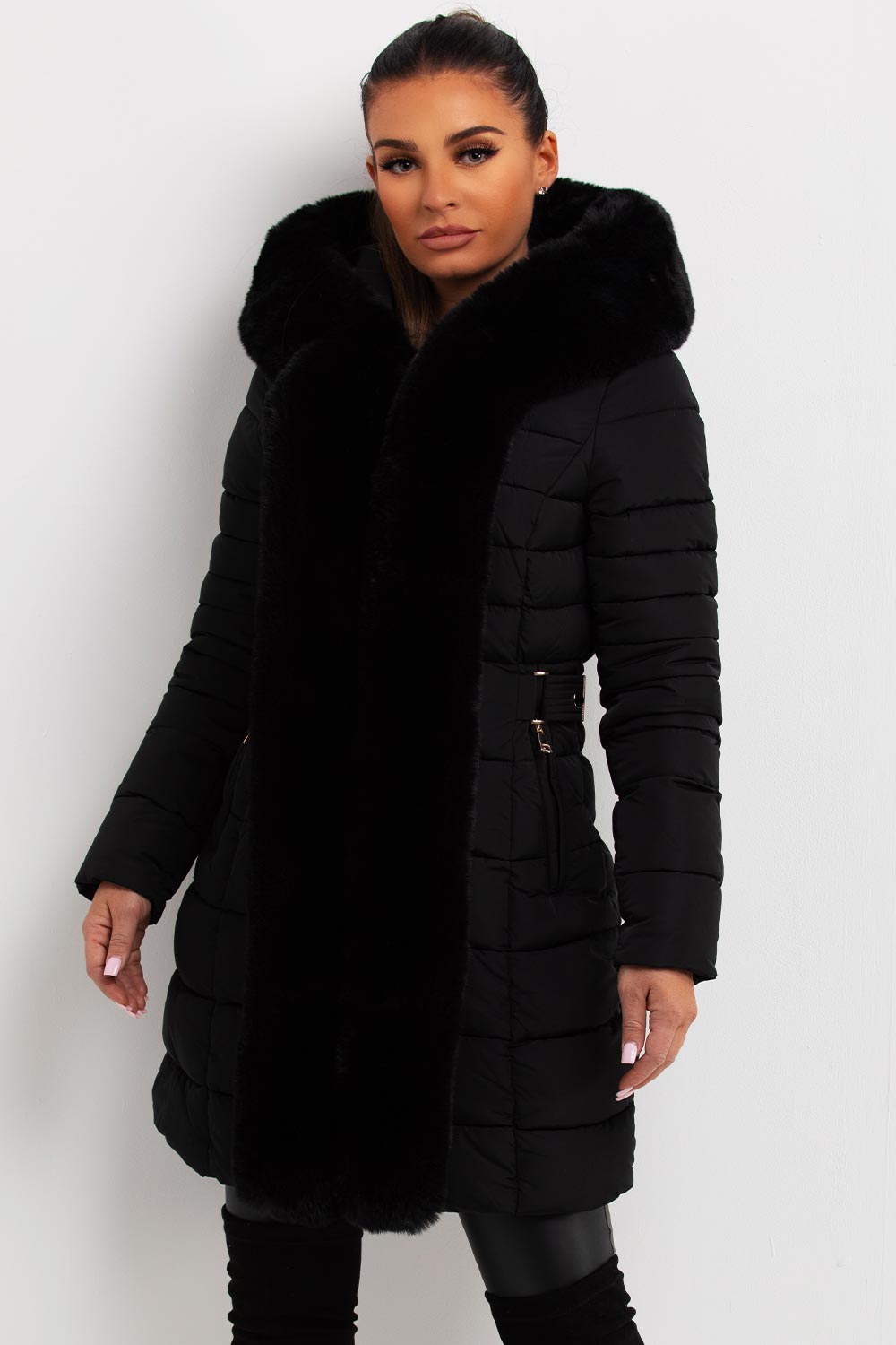 womens black puffer padded coat with luxury faux fur hood