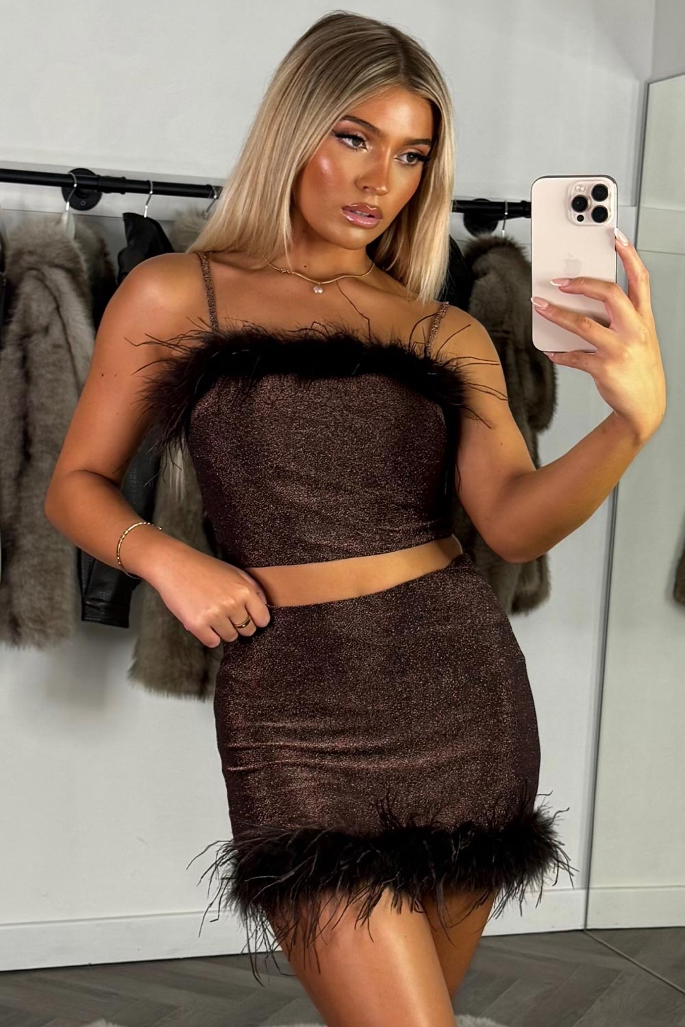 faux fur trim mini skirt and crop top co ord set styledup uk