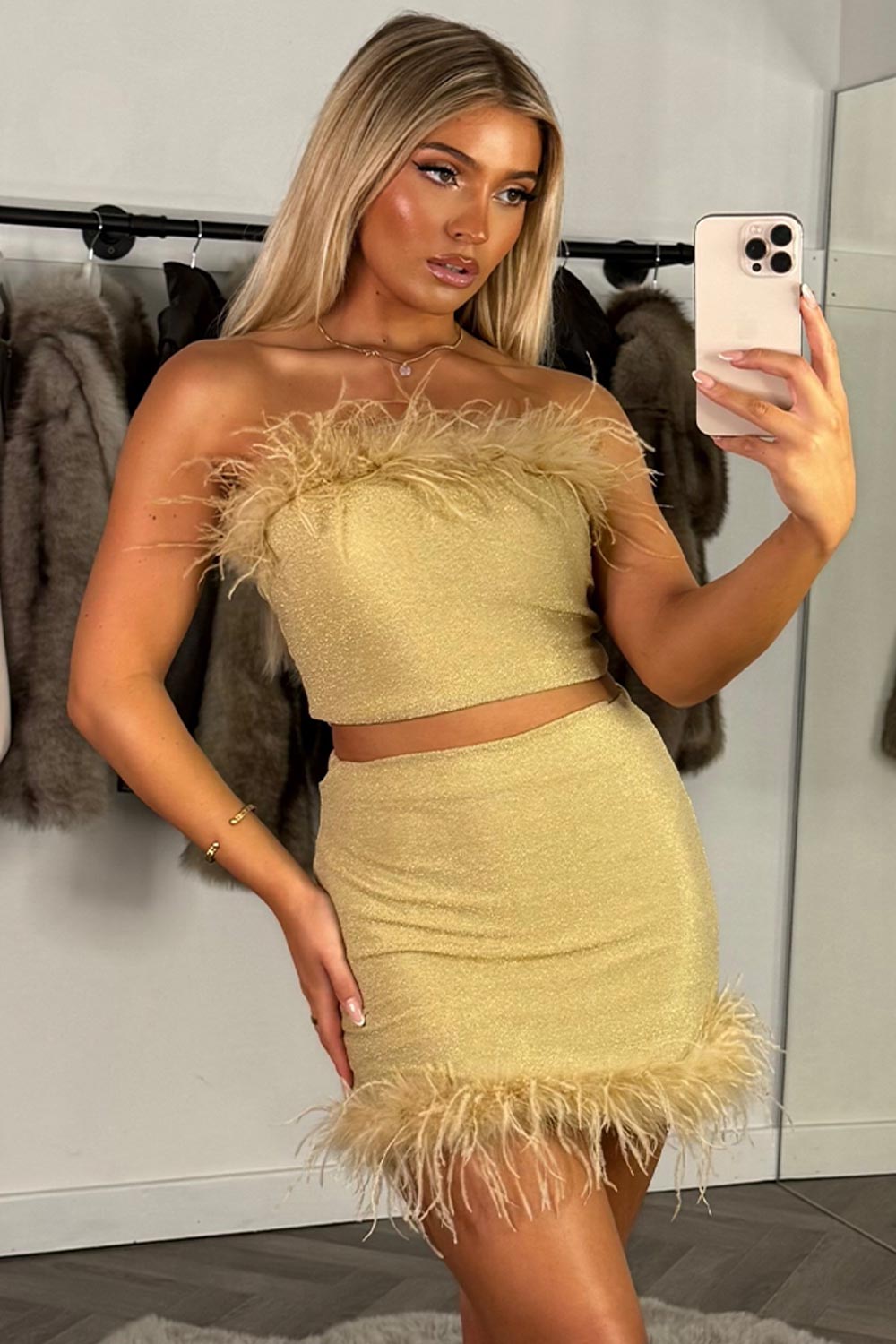 fur trim mini skirt and fur trim crop top two piece co ord set festival rave outfit for night out styledup uk