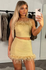 beige faux fur trim crop top and mini skirt co ord set styledup uk