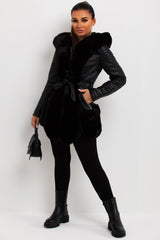faux leather faux fur panelled hooded jacket outerwear womens