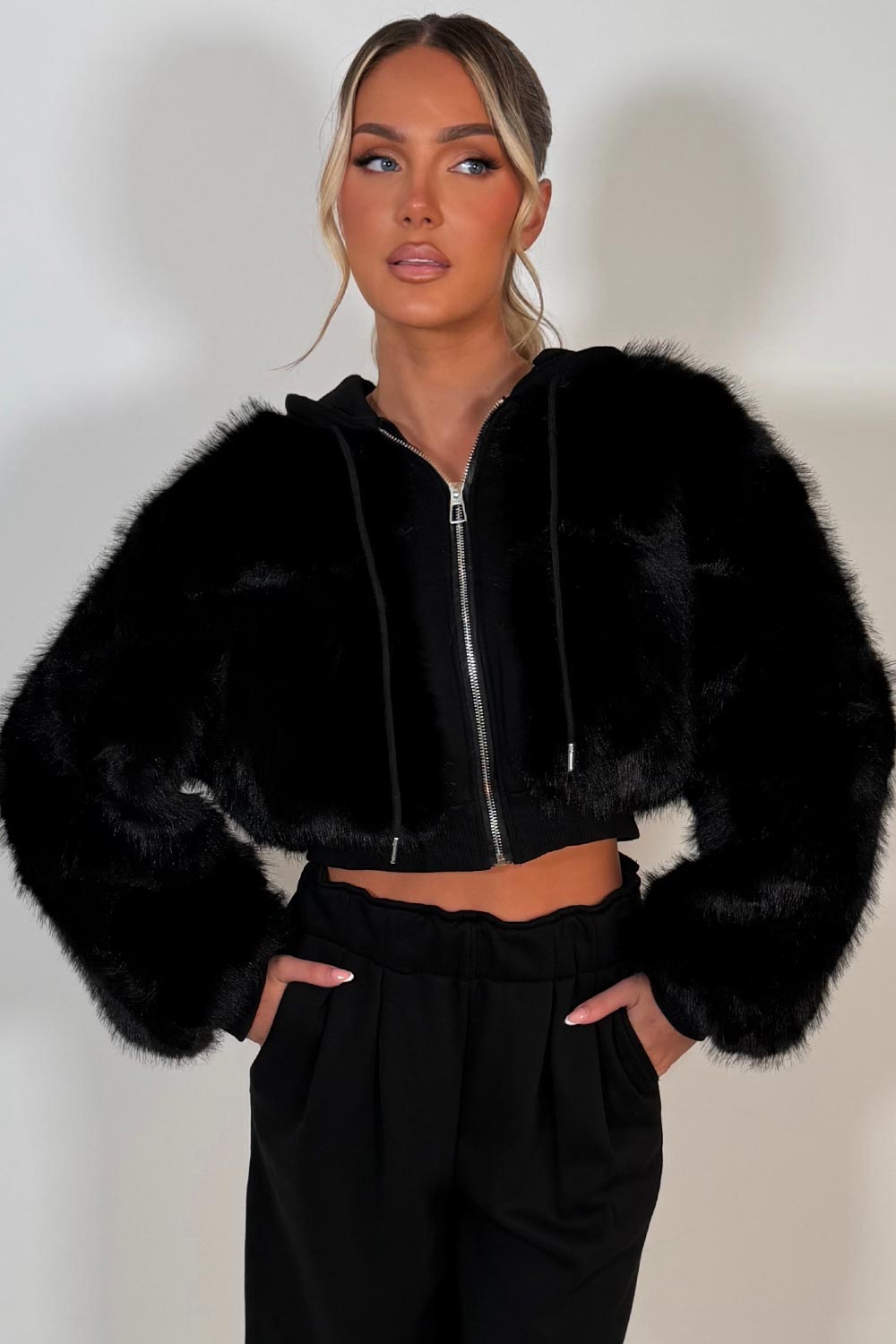 faux fur crop hoodie and wide leg joggers two piece co ord set black styledup uk