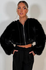 faux fur crop hoodie and wide leg joggers two piece co ord set black styledup uk