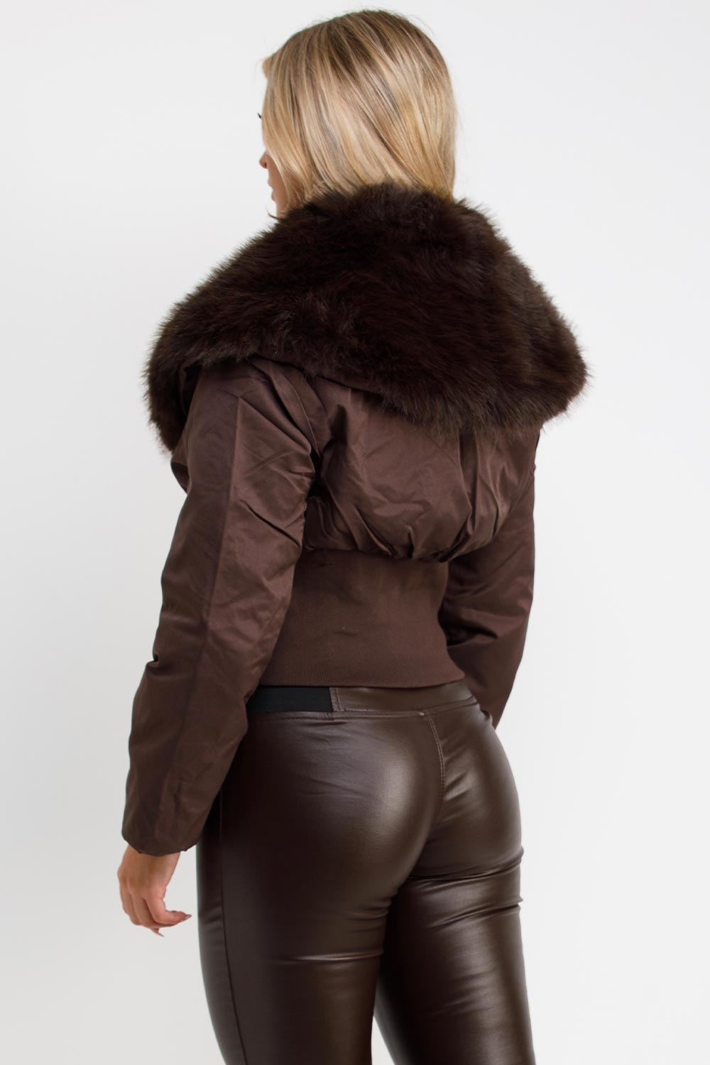 womens faux fur collar winter jacket with corset structured detail styledup uk