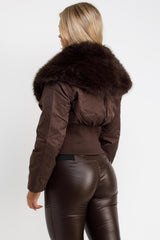 womens faux fur collar winter jacket with corset structured detail styledup uk