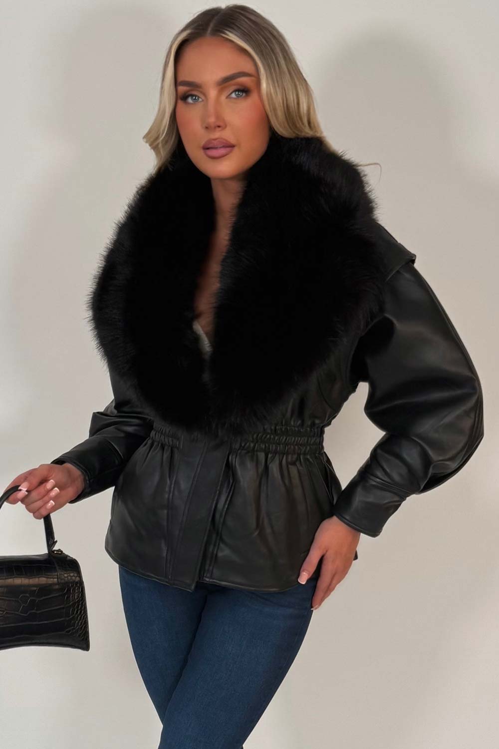 womens black faux leather faux fur jacket uk styledup