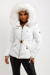 womens puffer coat with faux fur hood and belt
