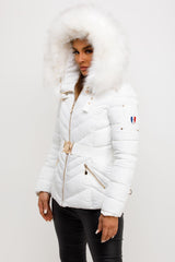 womens white fur hood puffer padded jacket with gold belt