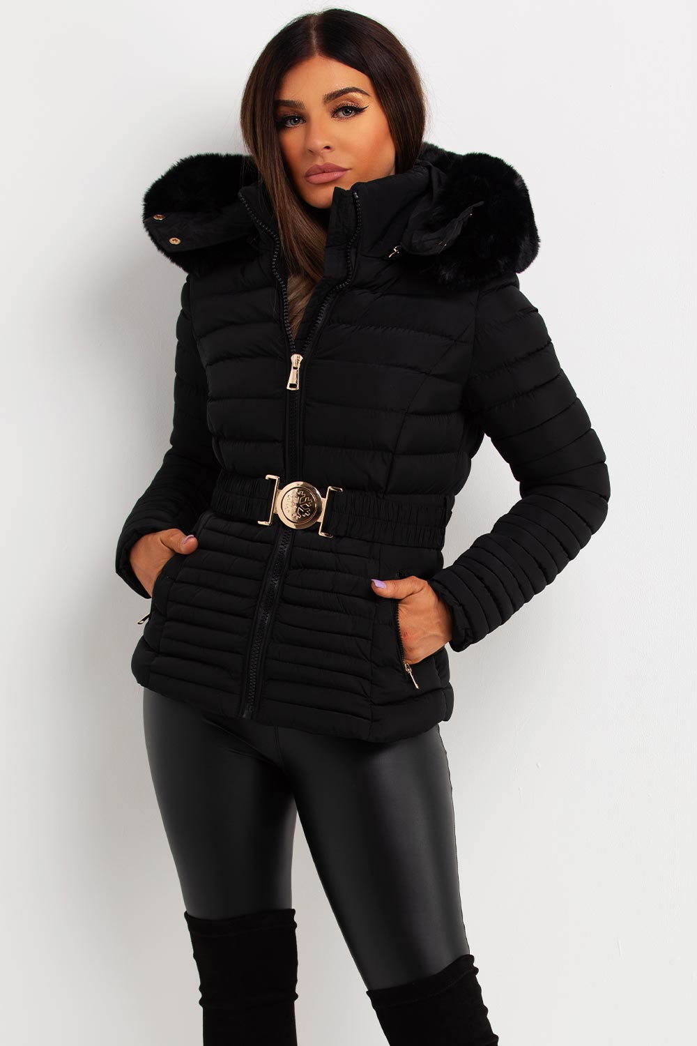 Women's Black Puffer Jacket With Faux Fur Hood And Gold Belt Outerwear ...