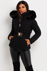faux fur hood puffer padded jacket with belt womens