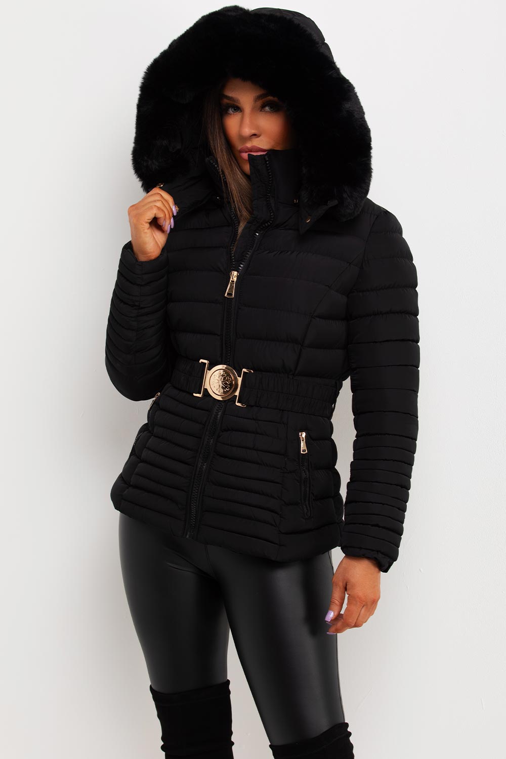 womens faux fur hood padded puffer jacket with gold buckle belt back to school