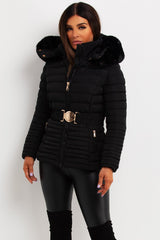 womens black puffer padded jacket with gold belt