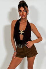 cowl halter neck backless top with gold star fish buckle detail styledup
