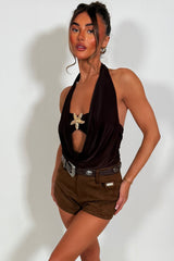 cowl halter neck backless top with gold buckle styledup