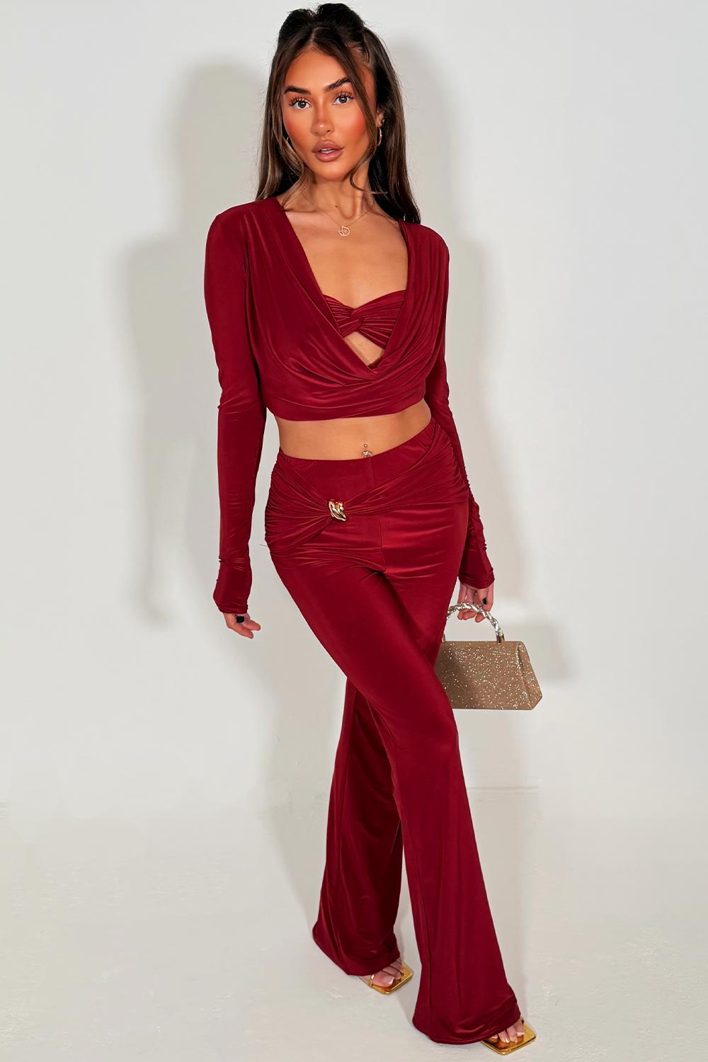 skinny flare trouser and long sleeve crop top two piece co ord set styledup 