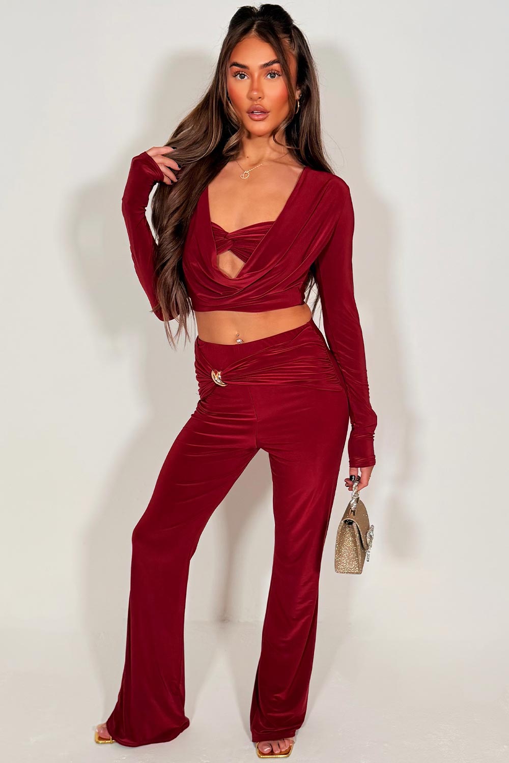 womens flare trouser and long sleeve crop top with cut out front two piece outfit set 