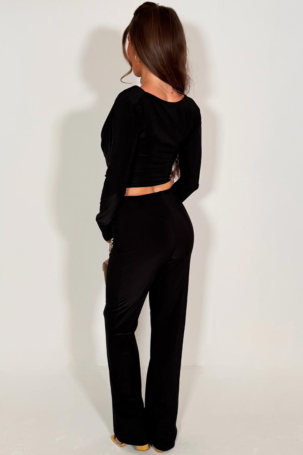 long sleeve crop top and flare trousers co ord set occasion outfit for womens 