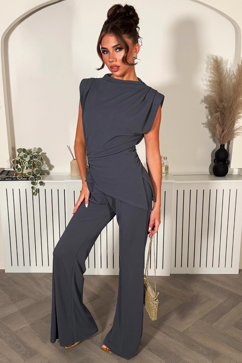 womens wide leg trousers and top two piece co ord going out outfit with shoulder pads styledup 