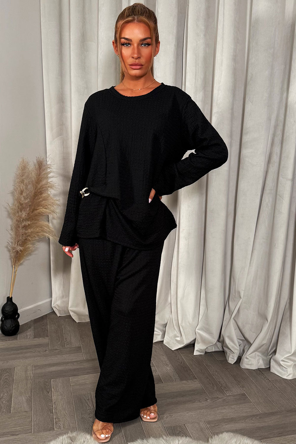 womens christmas party top and trouser co ord set with gold buckle