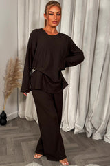 womens gold buckle long sleeve top and trousers co ord set styledup