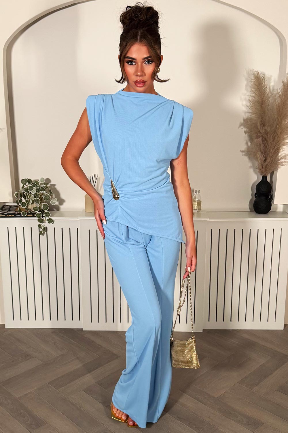 womens wide leg trousers and gold buckle padded shoulder sleeveless top two piece co ord set going out date night outfit for womens uk styledup