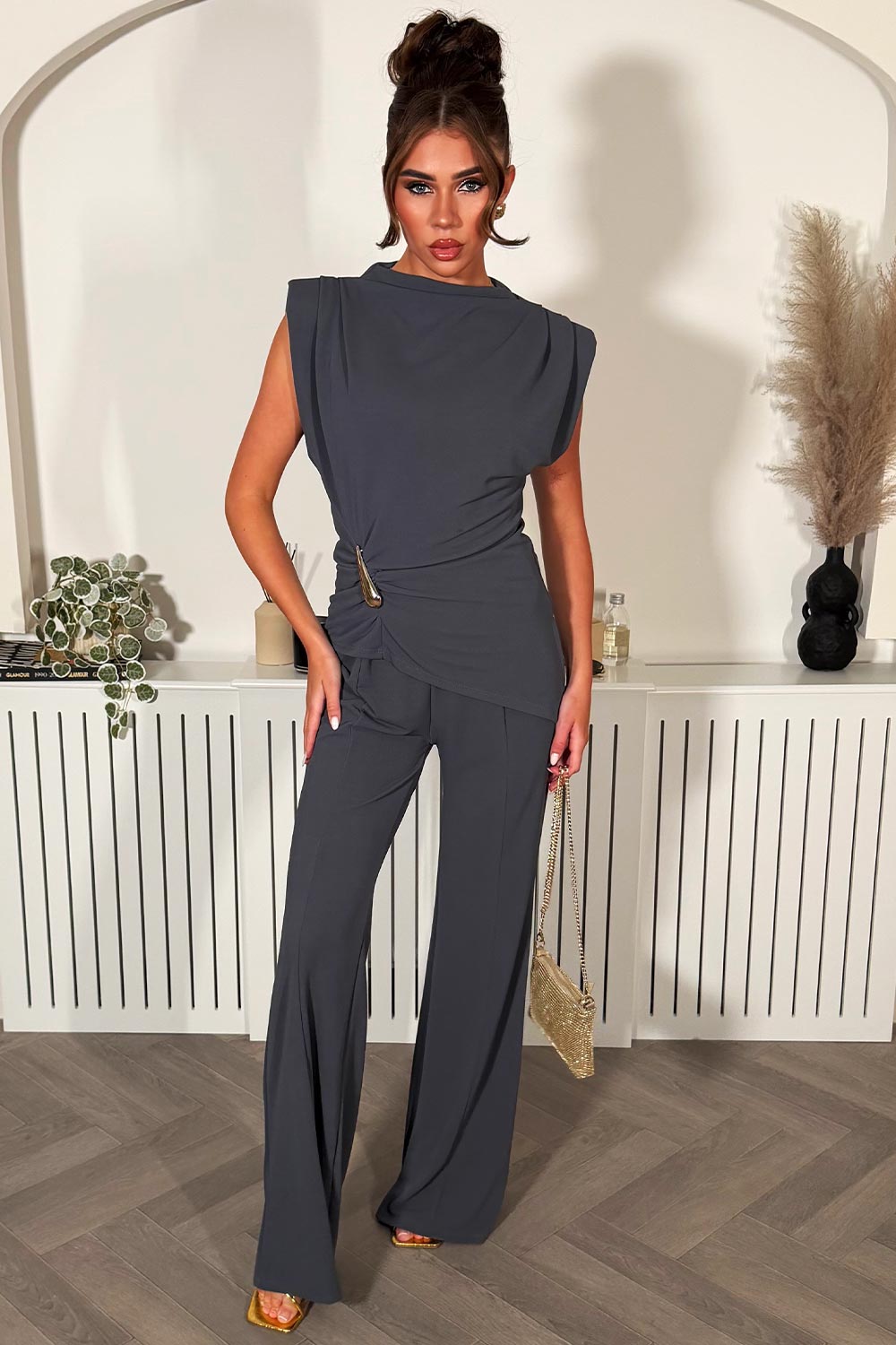 womens wide leg trousers and gold buckle padded shoulder sleeveless top two piece co ord set going out date night outfit for womens uk styledup