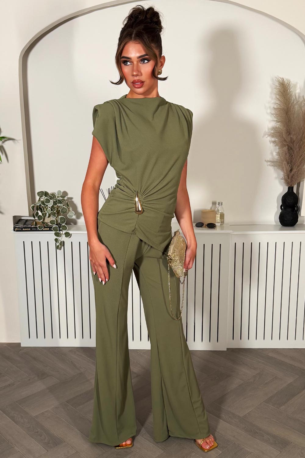 womens wide leg trousers and gold buckle padded shoulder sleeveless top two piece co ord set going out date night outfit for womens uk styledup