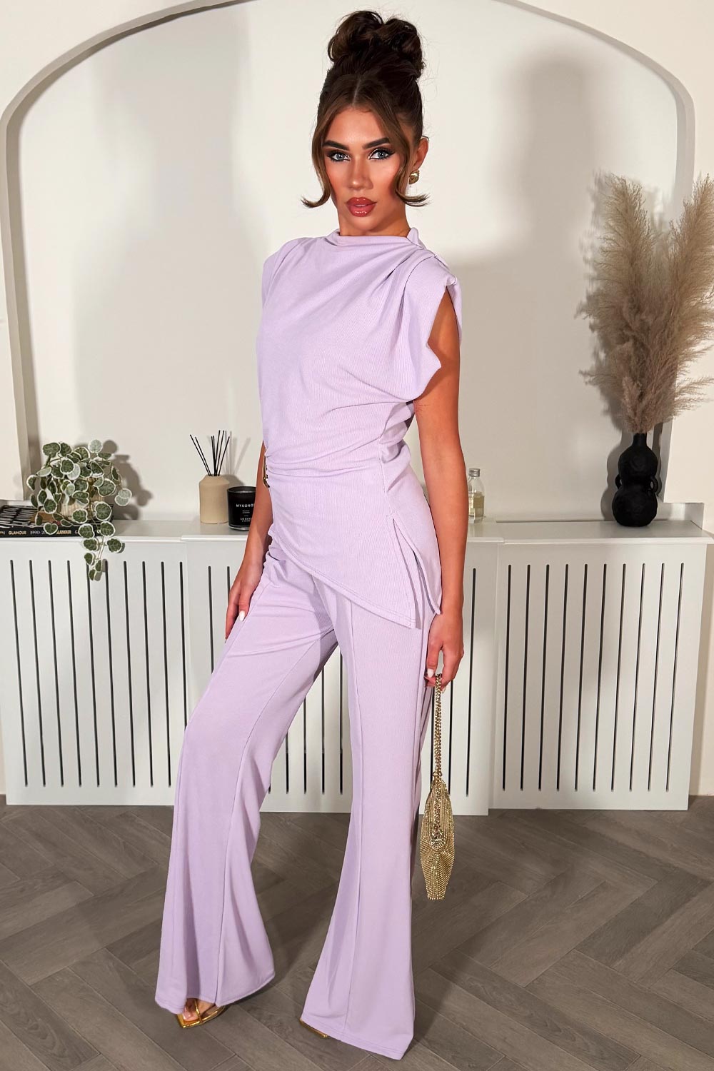 womens wide leg trousers and gold buckle padded shoulder sleeveless top two piece co ord set going out date night outfit for womens uk styledup