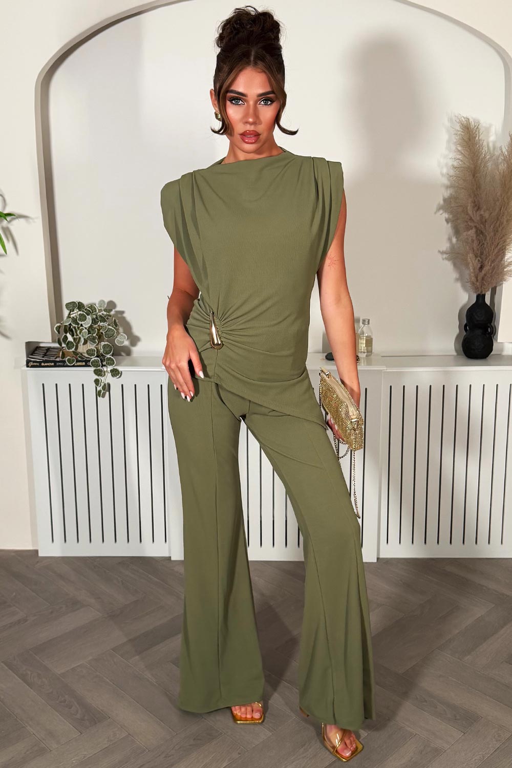 womens padded shoulder top with gold buckle and wide leg trousers two piece going out outfit set styledup 