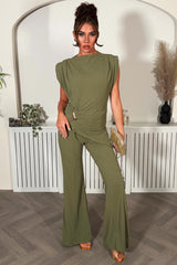 womens padded shoulder top with gold buckle and wide leg trousers two piece going out outfit set styledup 