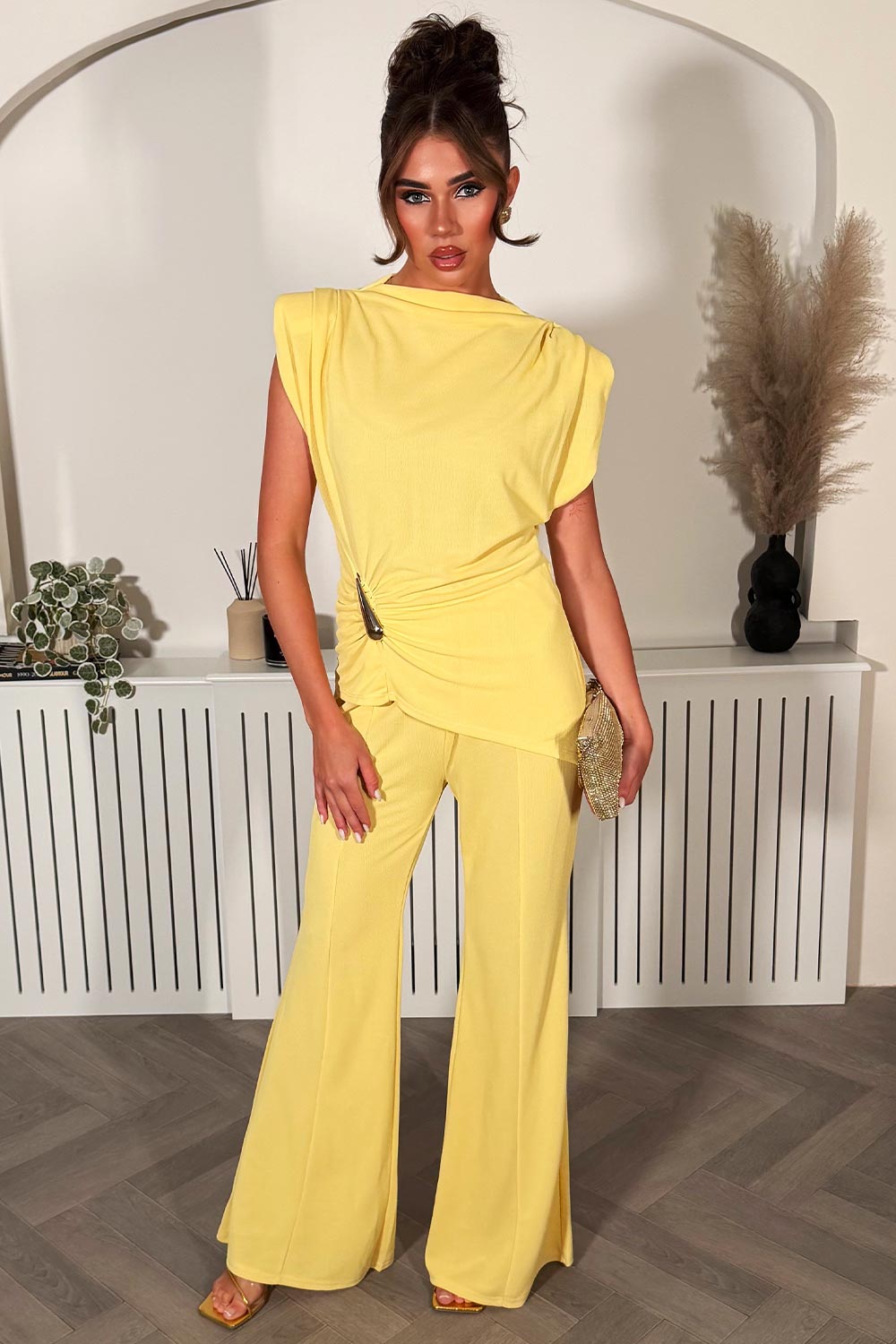 womens gold buckle top and wid eleg trousers two piece co ord going out occasion outfit for day or night styledup 