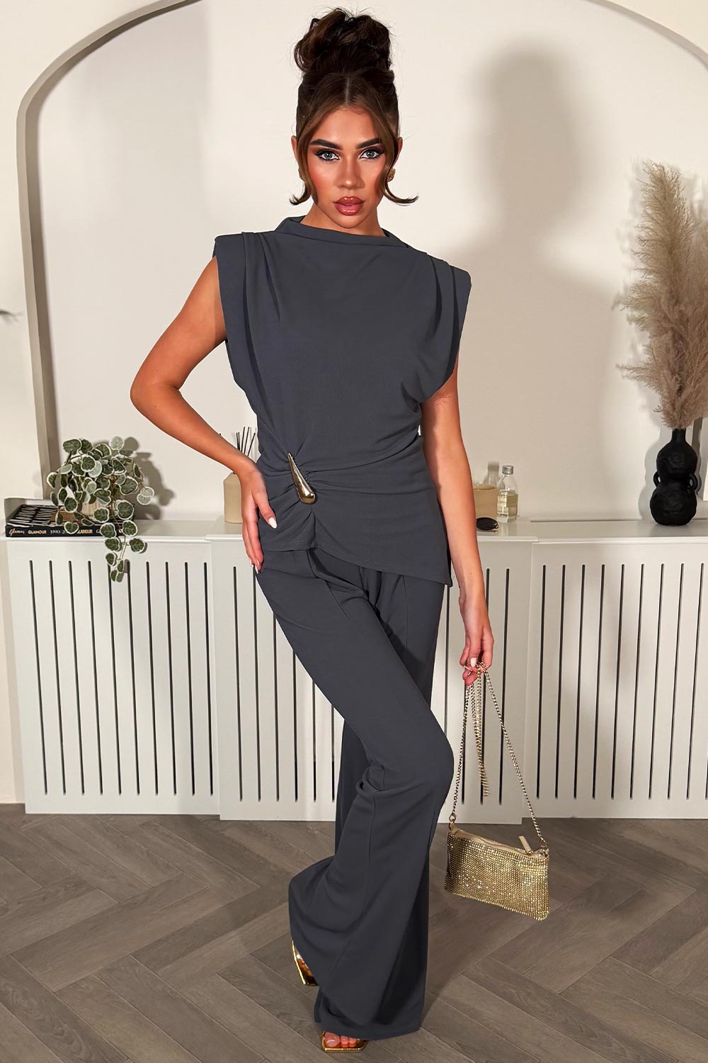 womens gold buckle top and wid eleg trousers two piece co ord going out occasion outfit for day or night styledup 