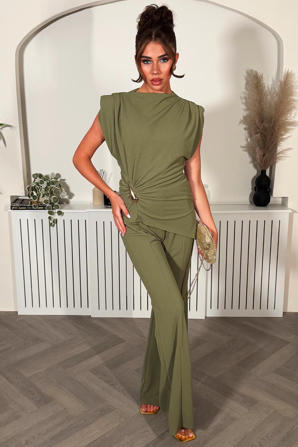 womens wide leg trousers and top with padded shoulders two piece co ord set styledup 