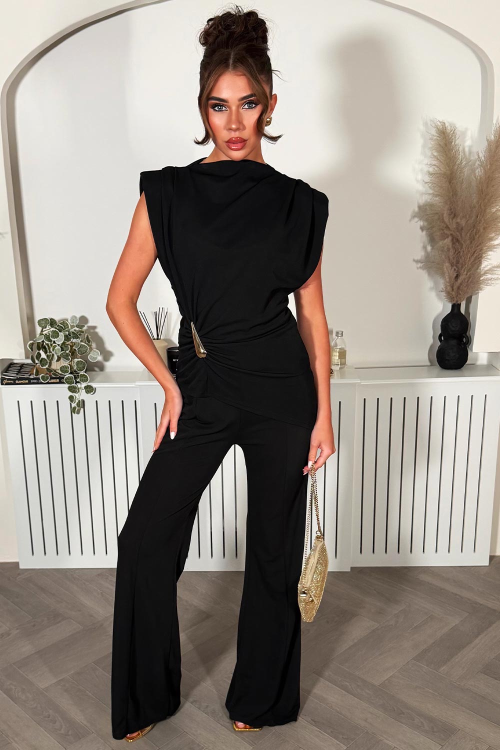 womens padded shoulder top with gold buckle and wide leg trousers two piece going out outfit set styledup 