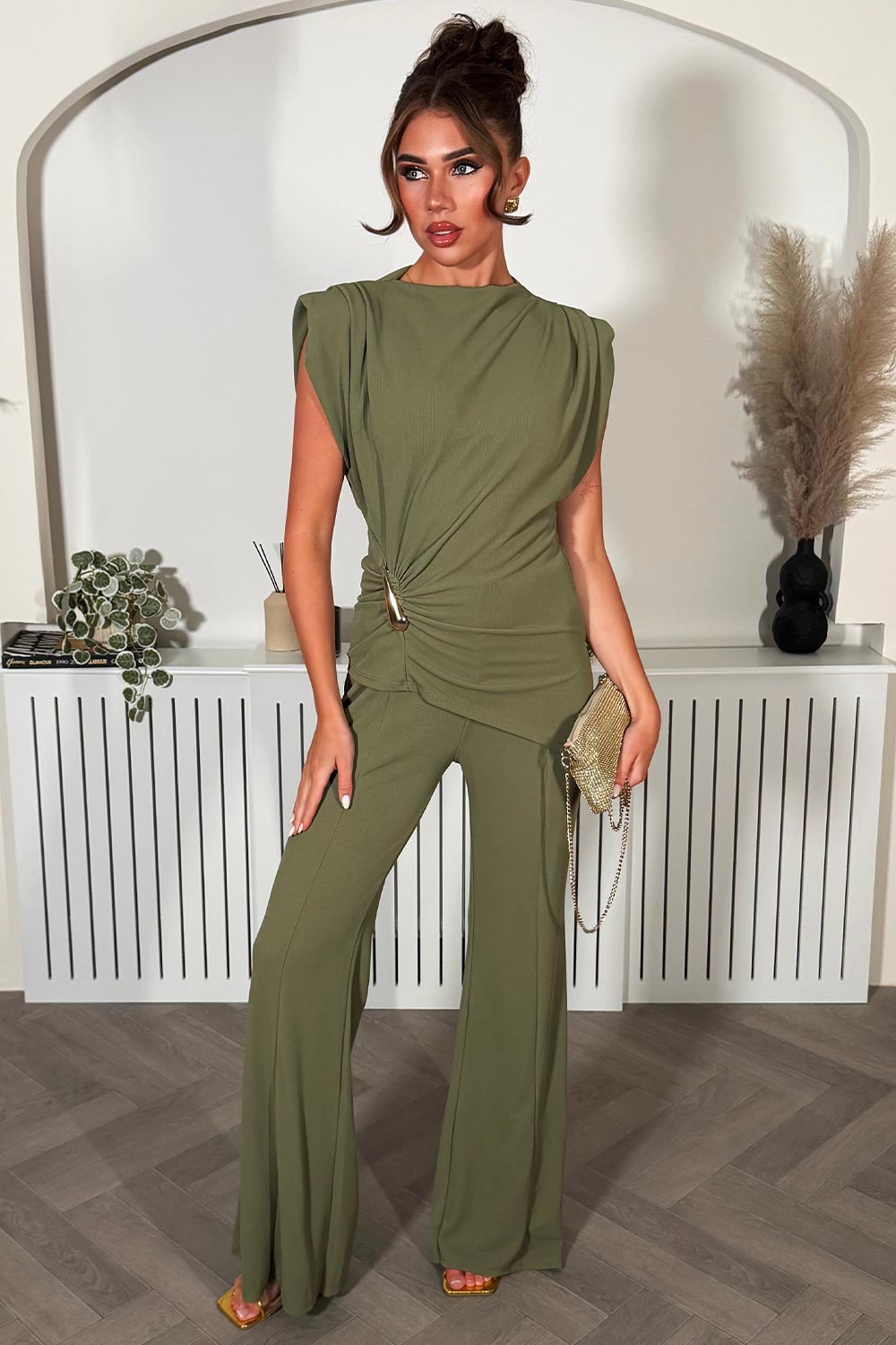 womens wide leg trousers and top two piece co ord going out outfit with shoulder pads styledup 