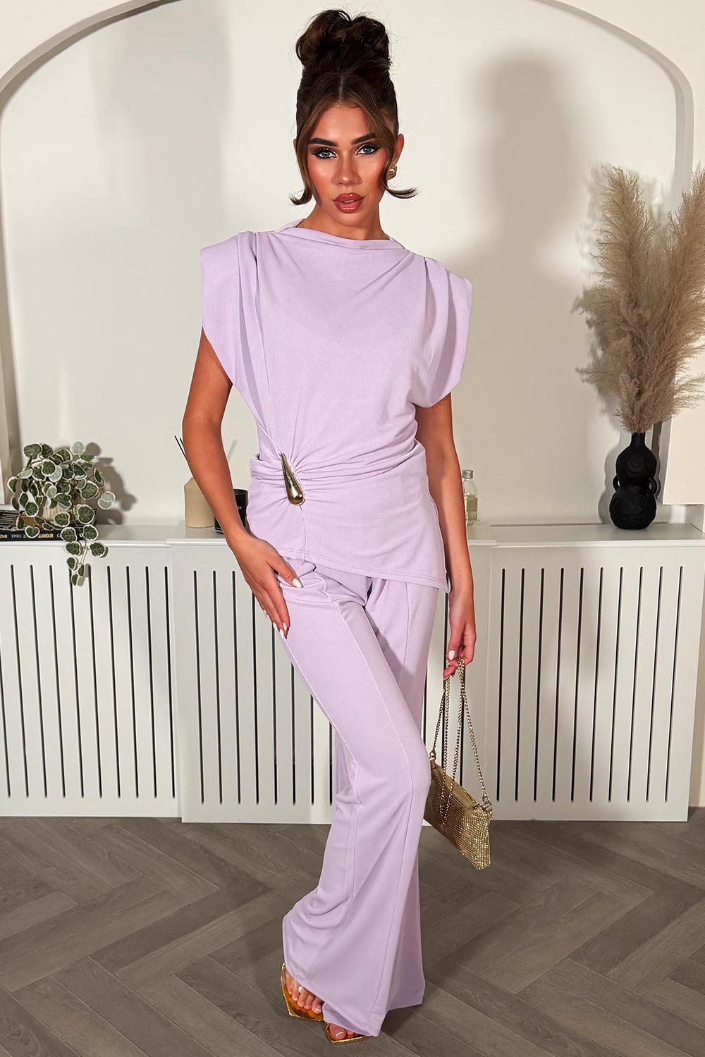 womens padded shoulder top with gold buckle and wide leg trousers two piece going out outfit set styledup 