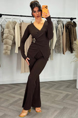 womens gold buckle long sleeve top and wide leg trousers co ord set brown christmas party outfit for womens styledup 