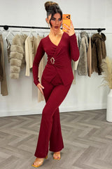 womens long sleeve top with gold buckle and wide leg trousers co ord set two piece outfit burgundy styledup 
