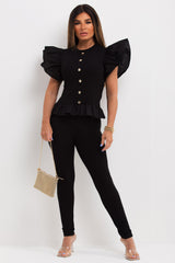 ruffle frill sleeve peplum hem co ord with gold buttons