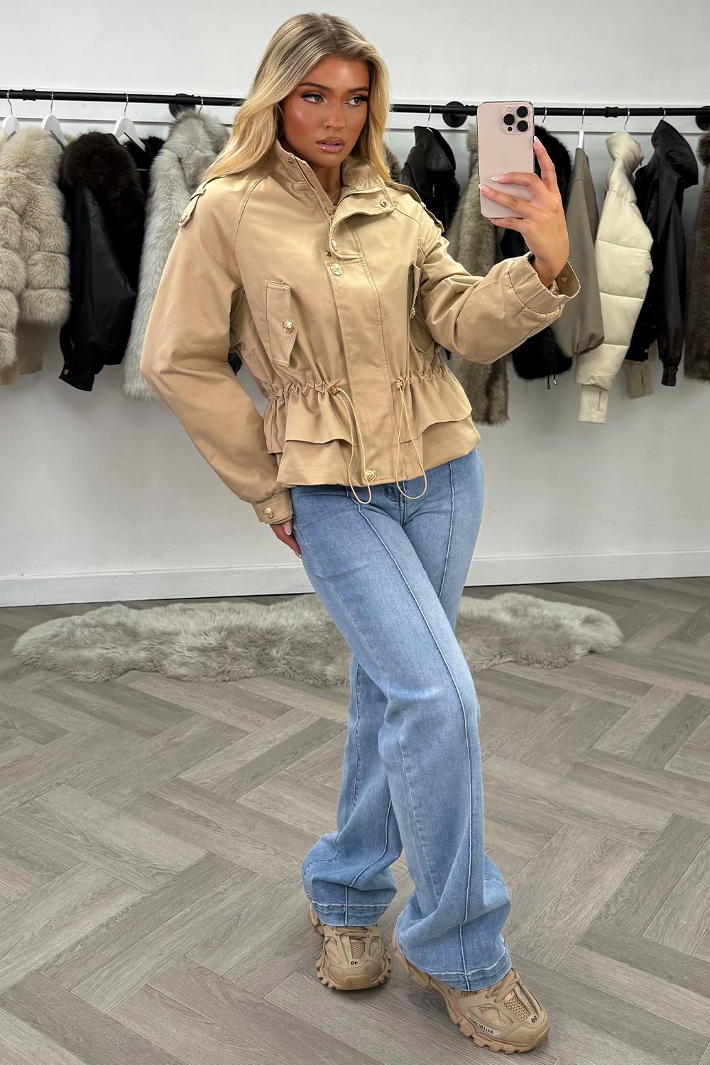 womens funnel neck jacket with gold buttons styledup uk 