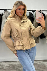 womens beige drawstring waist funnel neck jacket styledup uk