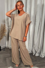 womens gold button shoulder top and trousers co ord set christmas party outfit