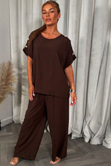 womens gold button shoulder top and trousers co ord set christmas party outfit